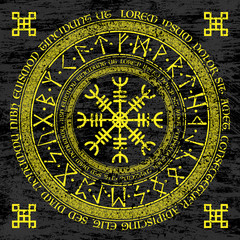 Old scandinavian runic grunge circle symbol isolated on black background