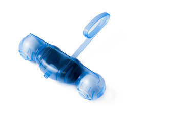 Blue hanging toilet refresher isolated on white bacground. Air freshener, copy space