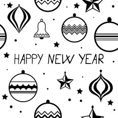 Christmas tree toys seamless pattern with hadwritten lettering happy new year