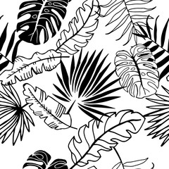 Fototapeta na wymiar palm leaves tropical floral pattern hand drawn sketch