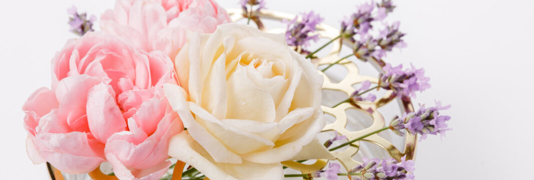 Blooming white pink roses and lavender beatiful bouquet close up.