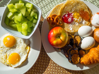 fresh healthy breakfast, fruits, vegetables, dairy products, bakery