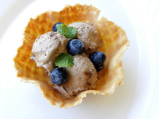 chocolate ice cream in a waffle basket