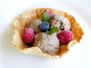 chocolate ice cream in a waffle basket