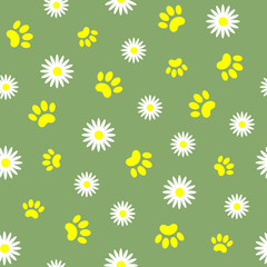 Daisies and animal paw prints on green summer background seamless pattern natural background texture wallpaper.