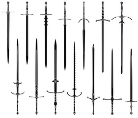 Set of simple monochrome images of medieval two-handed swords.