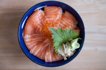 Salmon don, Bowl of steamed rice with salmon sashmi, Japanese food.