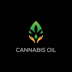 Hemp logo design with cannabis leaf inside droplet with oil and palm hand graphics