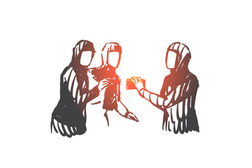 Teamwork, coworking, partnership, communication technologies concept sketch. Hand drawn isolated vector illustration