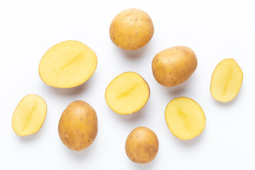 Potatoes isolated on white background. Flat lay. Top view.