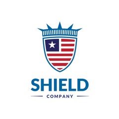 American flag inside shield shapes with liberty crown badge logo design