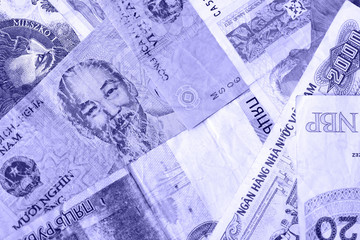 Various banknotes from different countries close-up (Belarusian rubles, Georgian lari, Polish...