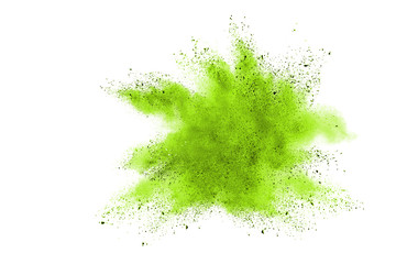 Green powder explosion on white background.
