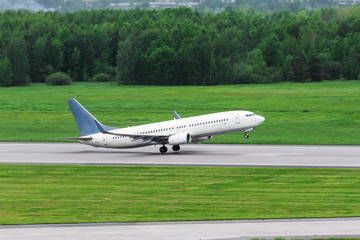 Passenger airplane takes off from the runway against the green forest.