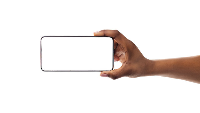 Phone With Empty Screen In Black Female Hand, Mockup, Isolated