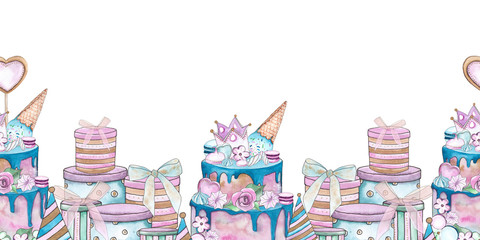 Watercolor seamless border with cake, sweets and gifts for wedding, children's birthday, party and holiday