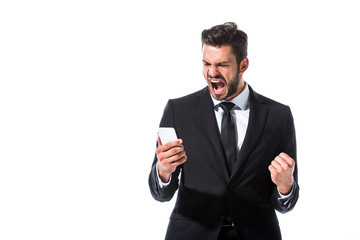 yelling businessman with smartphone and clenched hand Isolated On White
