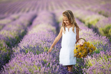 Fototapeta na wymiar A child in a field with flowers. Teen girl in a lavender field. Happy child in nature. 