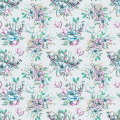 Watercolor floral seamless pattern with pink, blue, lilac flowers, leaves, gold branches and twigs.