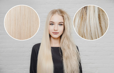 Sick, cut and healthy hair care keratin. Before and after straightenin treatment. Isolated white background