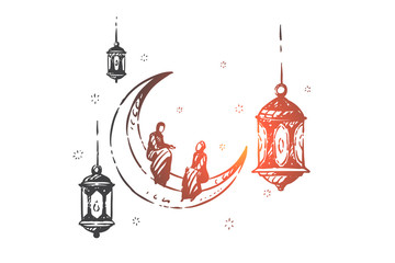 Ramadan religious holiday concept sketch. Hand drawn isolated vector illustration