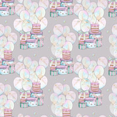 Watercolor seamless patterns with gift boxes and balloons  for birthday and holidays