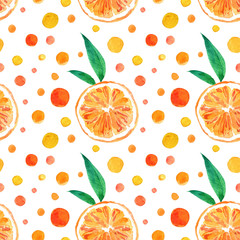 Bright summer cirtus seamless pattern. Hand drawn watercolor colorful and juicy oranges on white background
