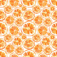 Bright summer cirtus seamless pattern. Hand drawn watercolor colorful and juicy oranges on white background