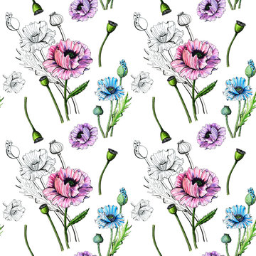 graphic seamless pattern with the image of flowering poppies