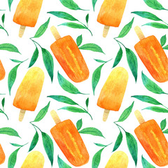 Laconic bright summer seamless pattern. Juicy orange and yellow citrus popsicles and green leaves. Hand drawn watercolor isolated elements on white background.