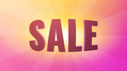 Sale banner. Warm color illustration. Bulging word sale with light rays around. 3d like effect