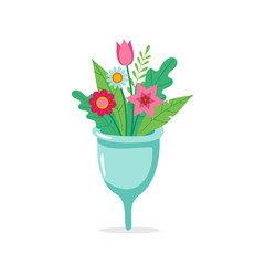 Menstrual cup with flowers. Eco sustainable lifestyle cute concept illustration. Vector illustration in cartoon style