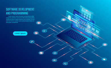 software development coding and business analysis. programming of concept. data processing. Computer code with window interface. flat isometric illustration
