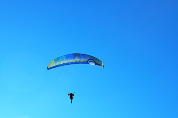 a man flying in the blue sky
