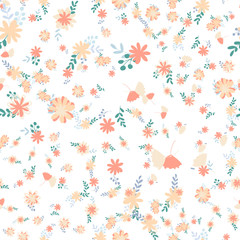 Beautiful pattern with simple foolproof flower botanical. Wild botanical garden bloom. Flower background. Spring floral surface pattern. Leaves illustration.
