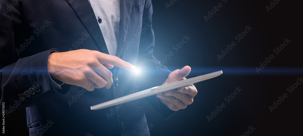 Poster Man with lightng finger touching tablet screen to scroll