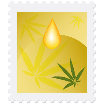 Postage stamp - hemp leaves and yellow drop oil - isolated on white background - vector. Medicine hemp concept. Medicinal herbs
