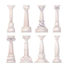 Antique white pillars. Ancient realistic ornate columns roman or greece classic architecture. Decorative facades of historic buildings 3d cartoon style vector illustration isolated