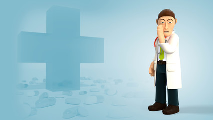 Young cartoon 3d doctor holding hand near mouth and telling secret information, in white coat with a stethoscope, isolated on blue background with medical cross and pills 3d rendering.