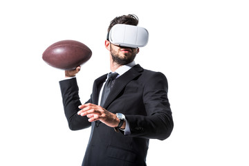 businessman in formal wear and virtual reality headset with rugby ball Isolated On White