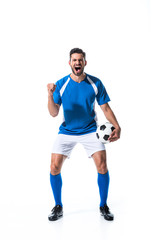 Fototapeta na wymiar excited soccer player with ball and clenched hand yelling Isolated On White