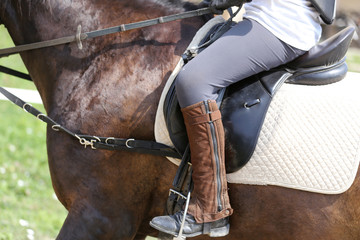 Closeup of a leather saddle for equestrian sport on horseback