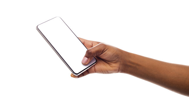 Black girl's hand holding phone with blank screen, mockup
