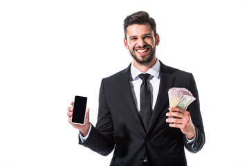 happy businessman with smartphone and dollar banknotes Isolated On White