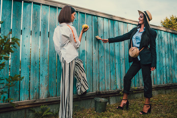 Tom Sawyer Pretty woman in the straw hat standing in front of fence. The woman painted a wooden fence.