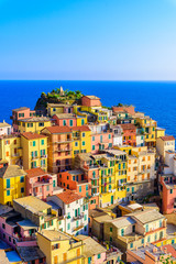Colorful houses in Manarola Village in Cinque Terre National Park. Beautiful scenery at coast of...