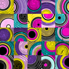 seamless background pattern, with circles, squares, strokes and splashes
