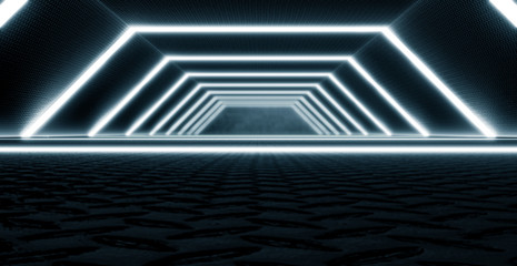 Neon Blue Lighted Sci Fi Futuristic tunnel. Future spaceship corridor. Metal Texture And Grunge background. Sci-fi or science concept. 3D Rendering