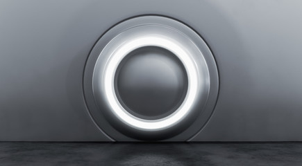 Abstract interior design of Silver metallic modern showroom element with concrete floor. Empty Future background 3D Rendering.