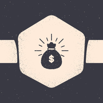 Grunge Money bag icon isolated on grey background. Dollar or USD symbol. Cash Banking currency sign. Monochrome vintage drawing. Vector Illustration